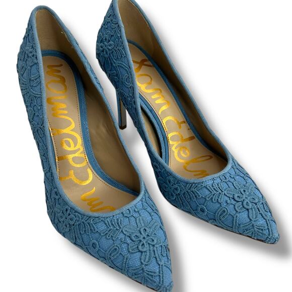 Sam Edelman Hazel Heels Size 5.5 Royal Sky Blue Lace Pointy Toe Stiletto Pumps - Picture 11 of 12